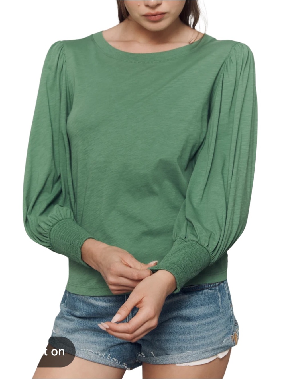 Nation LTD Green Puff-Sleeve Long Sleeve Top Slub Knit Rouched Cuff